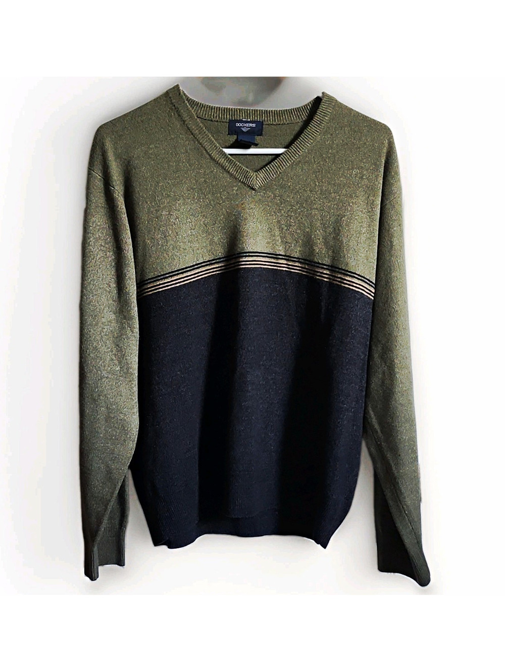 Dockers Men’s L Regular V-Neck Pullover Sweater Green Black Striped